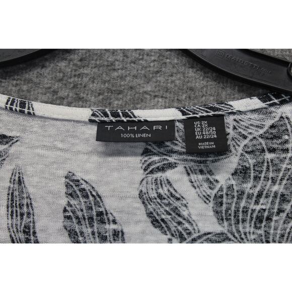 Tahari Linen Top 2X Floral White Black 3/4 Sleeve Popover - Picture 3 of 4